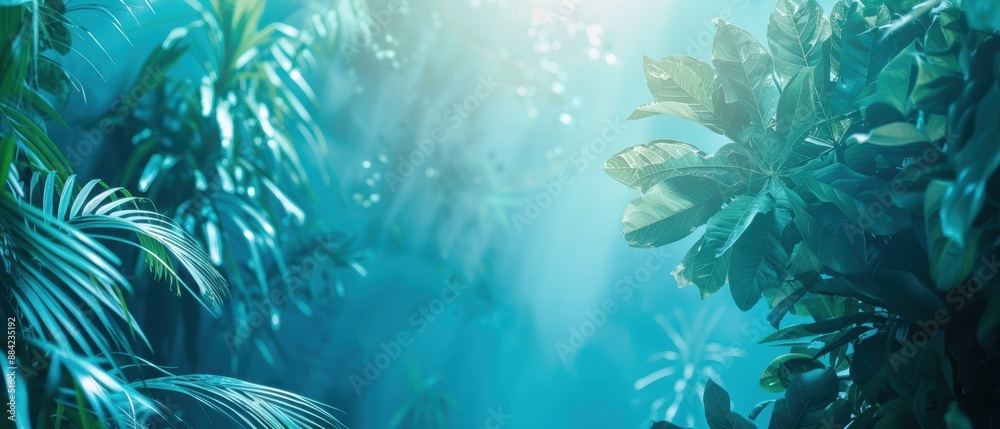 Fototapeta premium Dense green foliage highlighted against a soft blue sky background evoking a peaceful natural setting.