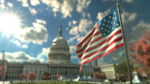 Close-up of the US flag flying in front of the US Capitol building, blue sky background.