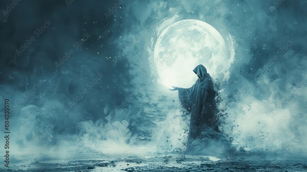 A wizard casting a spell under the light of a full moon, in white background A wizard casting a spell under the light of a full moon, in white background