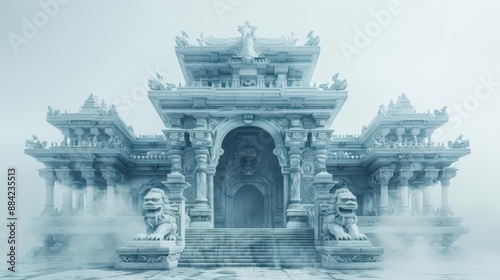 A temple guarded by a mythical beast, its entrance hidden by a cloak of illusion, in white background
