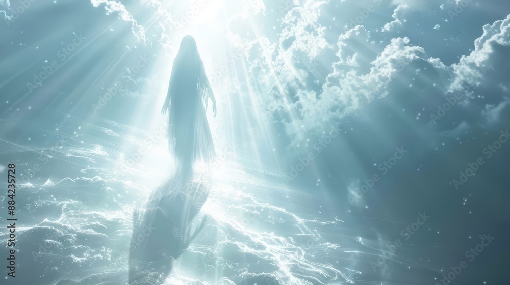 A celestial being descending from the heavens on a beam of light, in white background A celestial being descending from the heavens on a beam of light, in white background