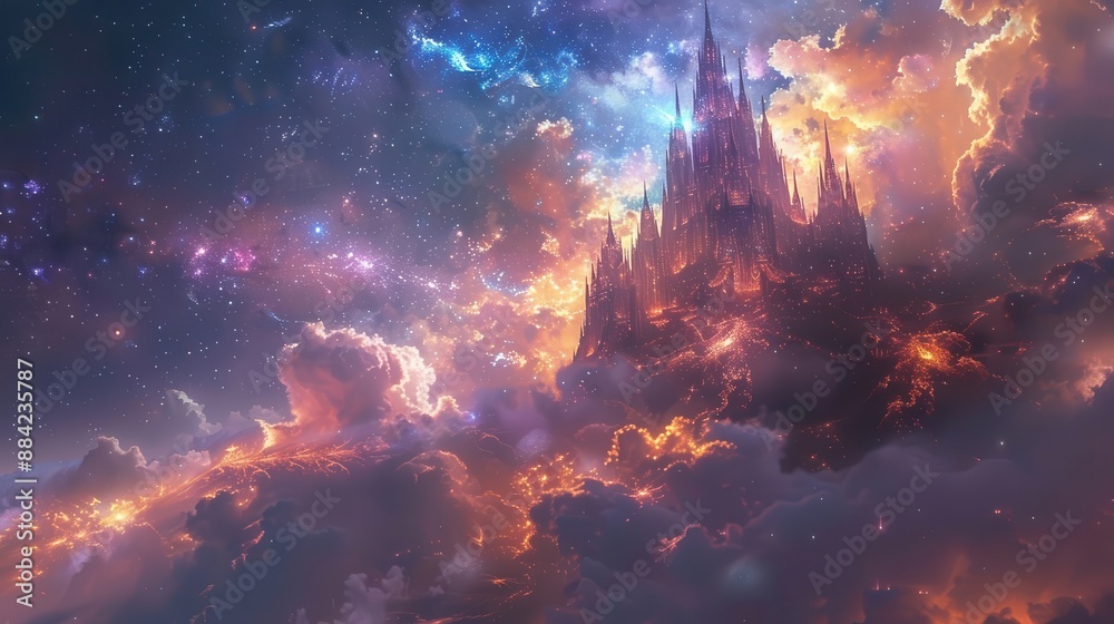 Obraz premium A celestial palace hidden among the stars, accessible only to those pure of heart, in white background