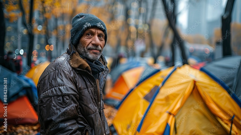 A homeless man stands among tents in the city, with dirty and cold A homeless man stands among tents in the city, with dirty and cold