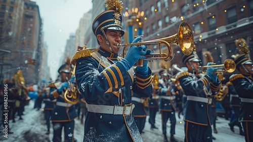 A marching band in uniform playing through the streets  