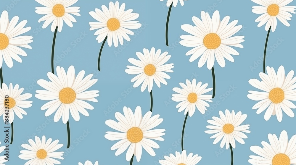 Seamless Pattern of White Daisies with Yellow Centers on a Blue Background Seamless Pattern of White Daisies with Yellow Centers on a Blue Background