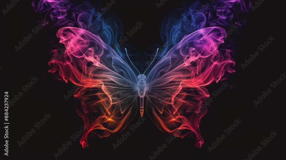 Colorful butterfly made of smoke on a black background.