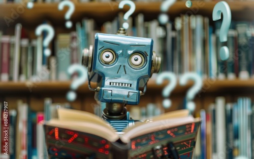 Confused Robot Reading a Book in a Library with Question Marks Around photo