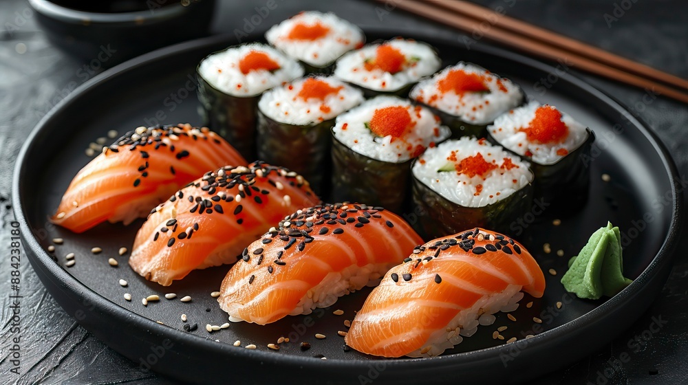 A round plate with various sushi and sashimi on it, placed against the background of dark gray stone texture A round plate with various sushi and sashimi on it, placed against the background of dark gray stone texture