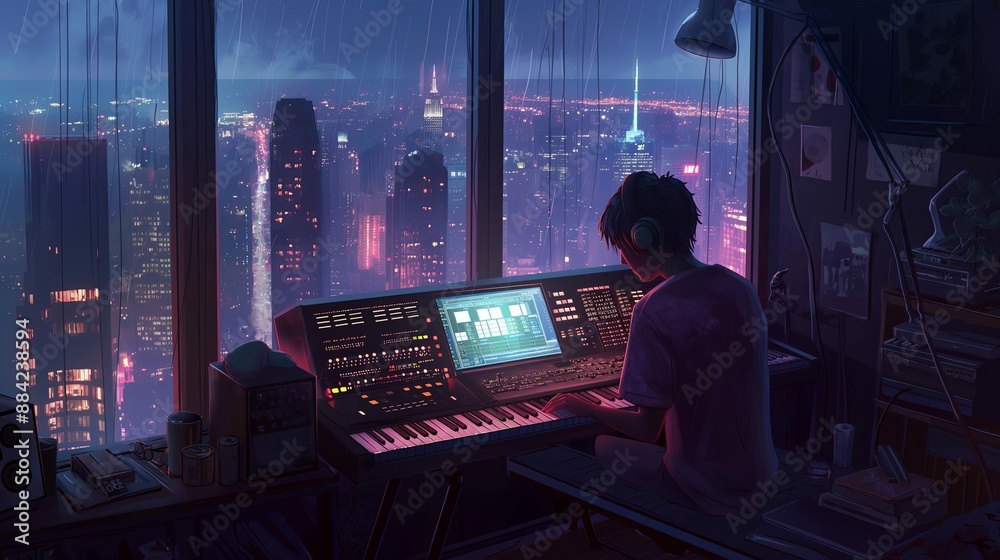 A man is playing a keyboard in a room with a city view. Anime lofi background, anime lofi album cover A man is playing a keyboard in a room with a city view. Anime lofi background, anime lofi album cover