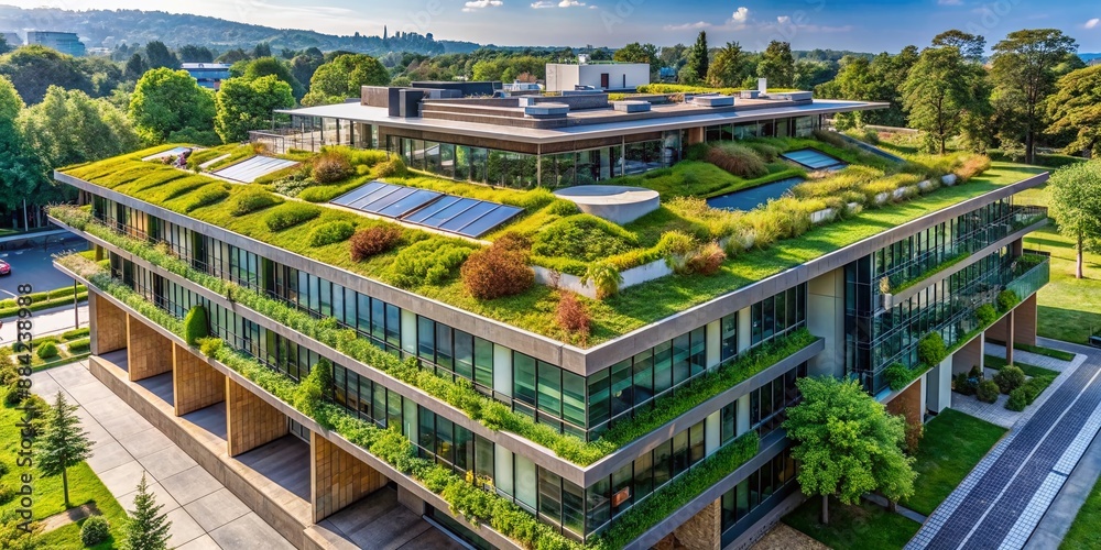 Modern eco-friendly building with extensive green roof and walls, integrated solar panels, harmoniously blending into lush surrounding vegetation.