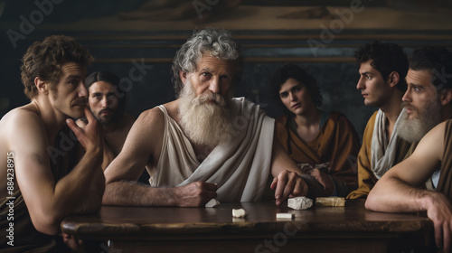 Pythagoras explaining mathematical concepts to his pupils, intellectual and innovative, bottom third copy space