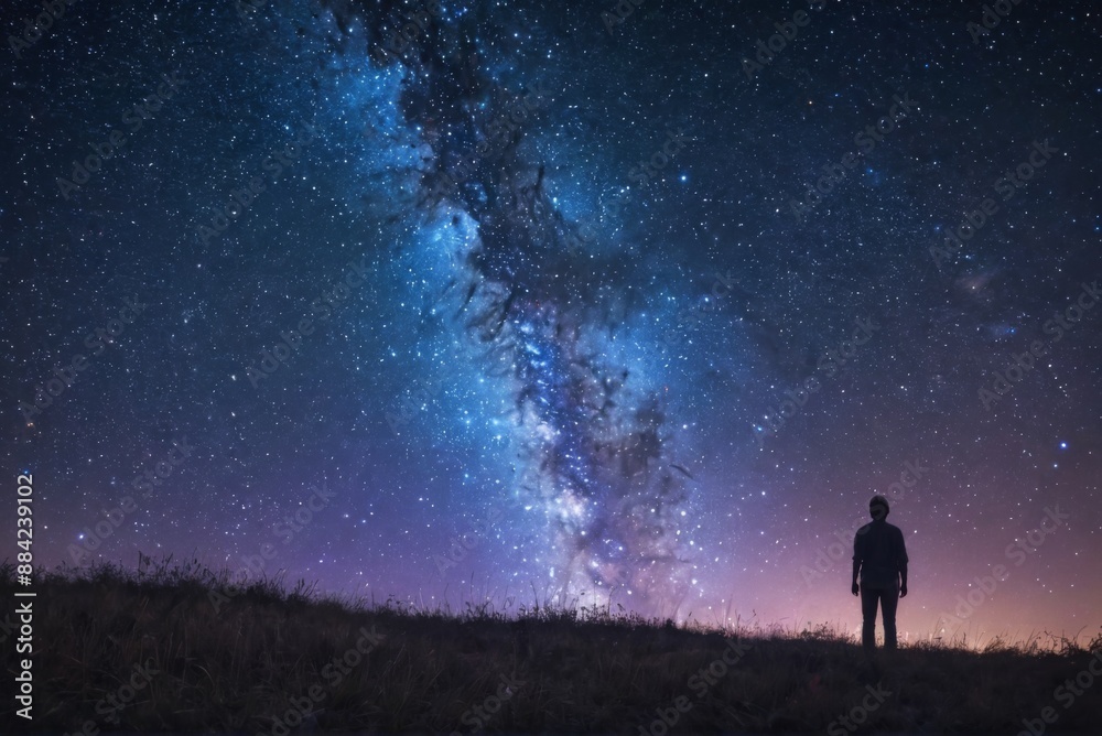 silhouette person standing hill looking up night sky silhouette person standing hill looking up night sky