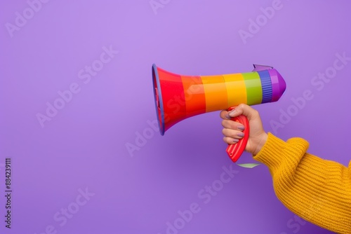 Hand holding a rainbow megaphone against purple background photo