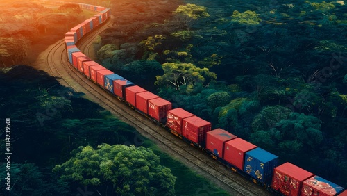 aerial photograph captures the serene beauty of a freight train winding its way through a dense, lush forest. The train is acolorful sight, with cargo containers in vibrant shades of red and blue photo