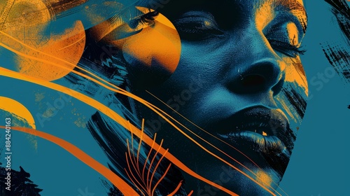 A surreal portrait fuses impressionistic style with abstract orange and teal swirls, focusing on the depth of human expression and emotion. photo