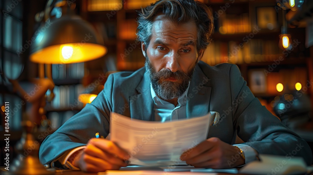 Businessman working late in the office, reading documents and writing notes on papers at the desk with lamp light 