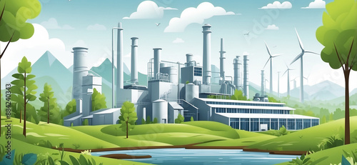 Eco green industry flate cartoon style clean energy factory in nature blue sky silhouette art friendly looking flate lanscape