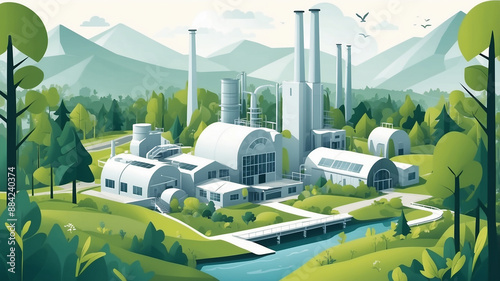 Eco green industry top view cartoon style clean energy factory in nature blue sky silhouette art friendly looking flate lanscape