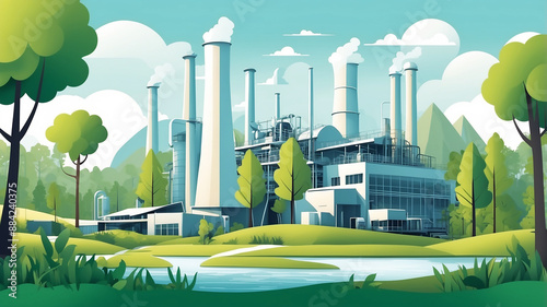 Eco green industry dream cartoon style clean energy factory in nature blue sky silhouette art friendly looking flate lanscape