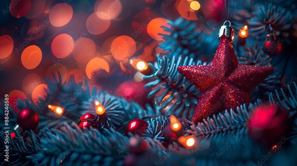 Christmas background with red and blue stars, lights and bokeh effect 