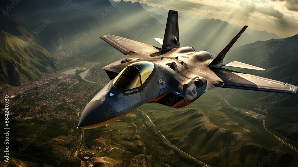 Fototapeta premium Futuristic fighter jet soars above mountain range during sunset