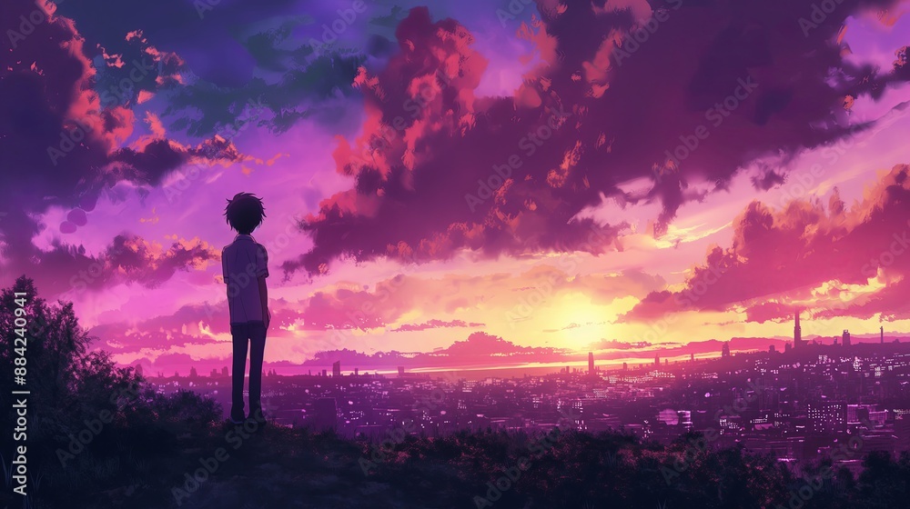 Obraz premium A man stands on a hill overlooking a city at sunset. Anime background, anime wallpaper
