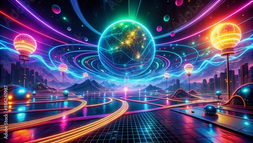 Vibrant neon lights swirl around a futuristic virtual reality landscape, pulsing with dynamic energy, as glowing circuits and wires dance in mid-air, immersing viewers in digital bliss. photo