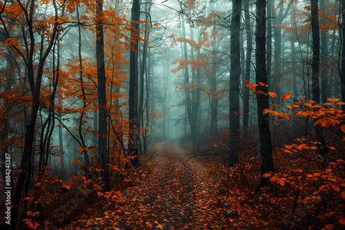 Path in foggy autumn forest, seasonal background