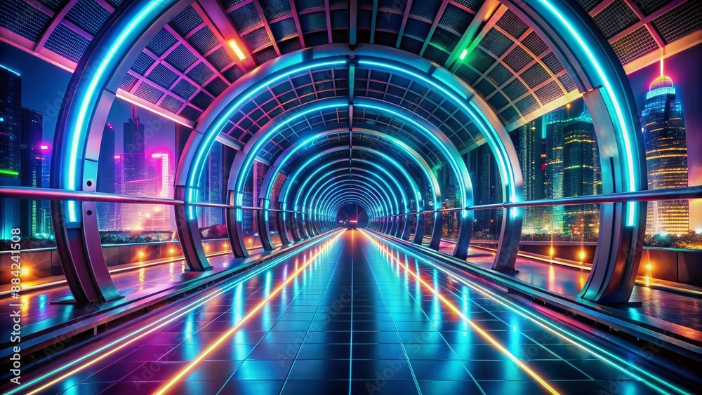 Vibrant neon lights illuminate a futuristic city tunnel, conveying a sense of digital information flow, with sleek metallic surfaces and winding paths conveying speed and connectivity. Vibrant neon lights illuminate a futuristic city tunnel, conveying a sense of digital information flow, with sleek metallic surfaces and winding paths conveying speed and connectivity.