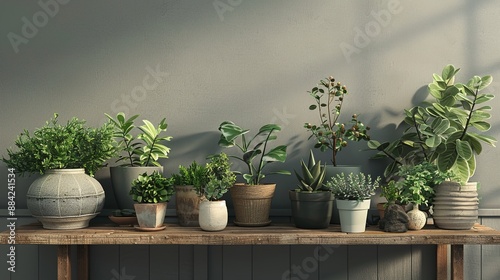 A collection of assorted indoor plants arranged in decorative pots, adorning a wooden console table against a backdrop of muted gray, creating an oasis of greenery indoors.