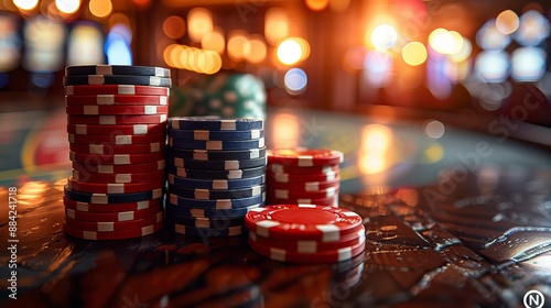 Poker Chips in Casino Elegance, Pile of casino chips on table 