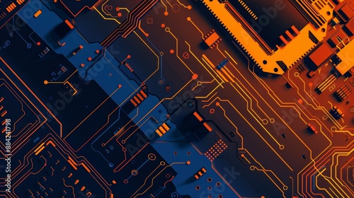 Detailed digital circuit board art with interwoven orange and blue lines symbolizing tech innovation and complexity. photo