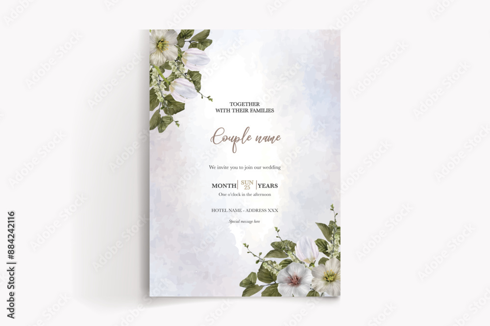 WEDDING INVITATION FRAME WITH FLOWER DECORATIONS AND FRESH LEAVES