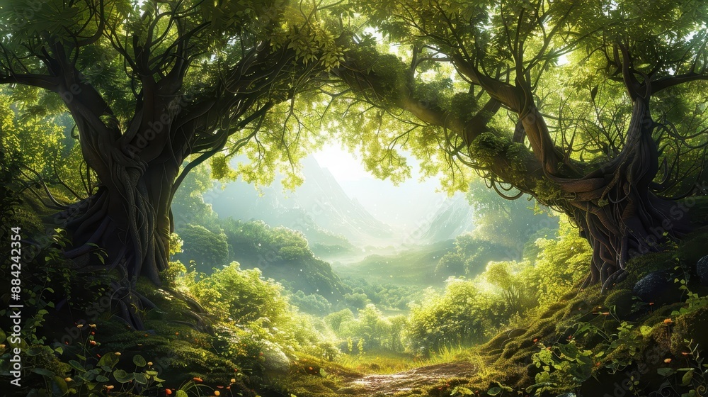 Fototapeta premium A hidden valley where time flows differently, home to creatures of myth and legend, in white background