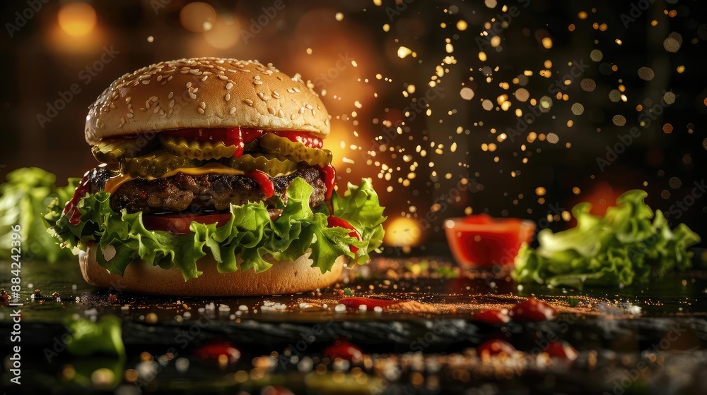 Delicious gourmet burger with fresh lettuce, tomatoes, and pickles, topped with sesame seeds and sauce in a cozy restaurant setting. Delicious gourmet burger with fresh lettuce, tomatoes, and pickles, topped with sesame seeds and sauce in a cozy restaurant setting.