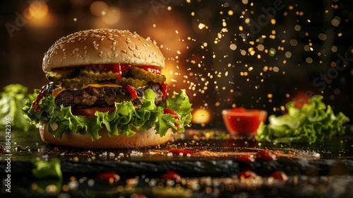 Delicious gourmet burger with fresh lettuce, tomatoes, and pickles, topped with sesame seeds and sauce in a cozy restaurant setting.