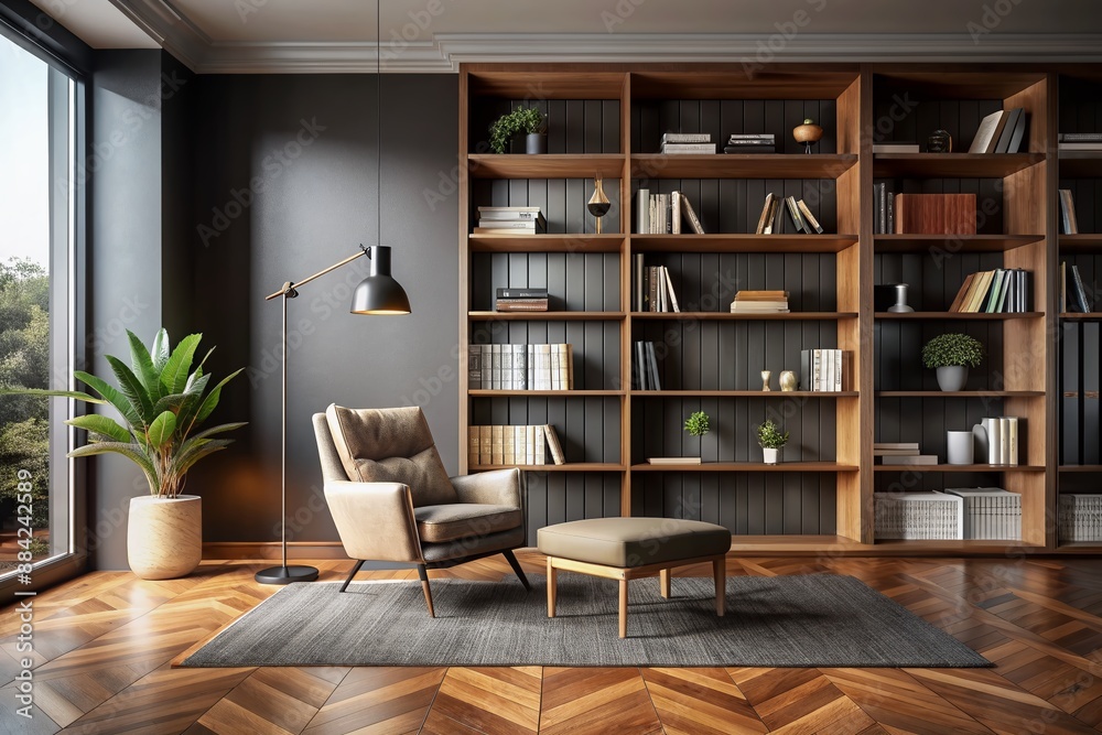 Simple elegance defines this modern living room featuring a solitary armchair, rich wooden floor, and floor-to-ceiling bookshelf against a dramatic black wall backdrop with ample copy space. Simple elegance defines this modern living room featuring a solitary armchair, rich wooden floor, and floor-to-ceiling bookshelf against a dramatic black wall backdrop with ample copy space.