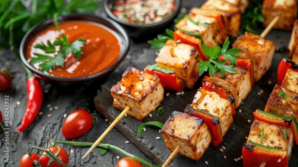 Grilled Tofu Skewers with Peppers and Sauce Grilled Tofu Skewers with Peppers and Sauce