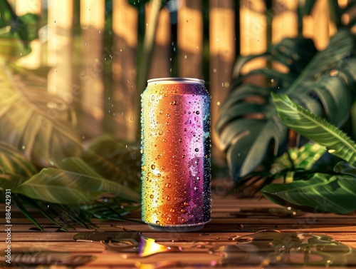 A empty colorful soda can on a wooden table with tropical plants in the background. Beverage product promotion, mockup and drink advertisement concept. photo