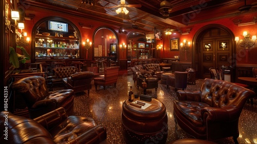 Obraz na płótnie A Cuban cigar lounge with plush leather chairs and glowing sconces, against a backdrop of deep wine red, inviting relaxation and camaraderie among connoisseurs. w salonie