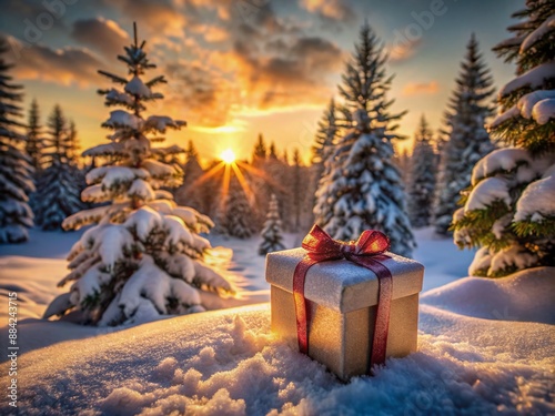 Winter wonderland scene at sunset with a wrapped gift box in the snow, surrounded by festive trees, evoking the magic of a secret Santa exchange. photo