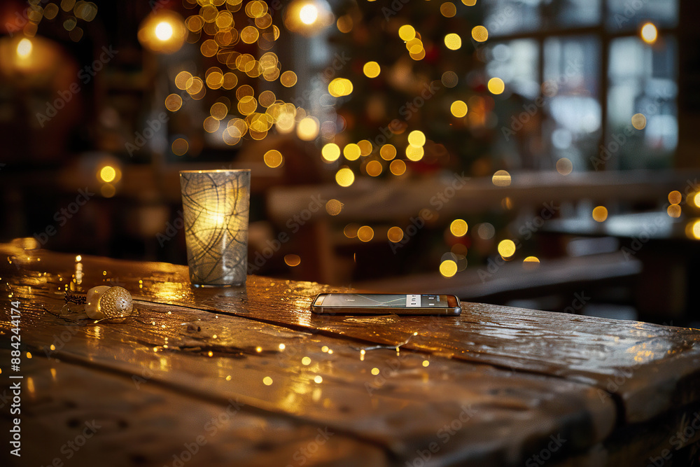 A smartphone on a wooden table with a candle and Christmas lights in the background. Generated by AI. A smartphone on a wooden table with a candle and Christmas lights in the background. Generated by AI.