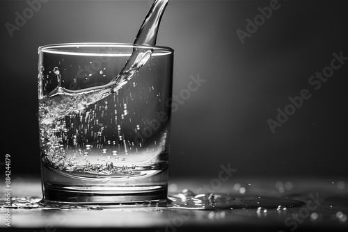 White studio table transparent glass cup with water overflowing in the background