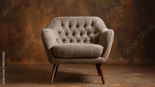 A mid-century modern armchair with tapered legs and button-tufted upholstery, against a backdrop of warm walnut brown, blending retro charm with contemporary comfort.