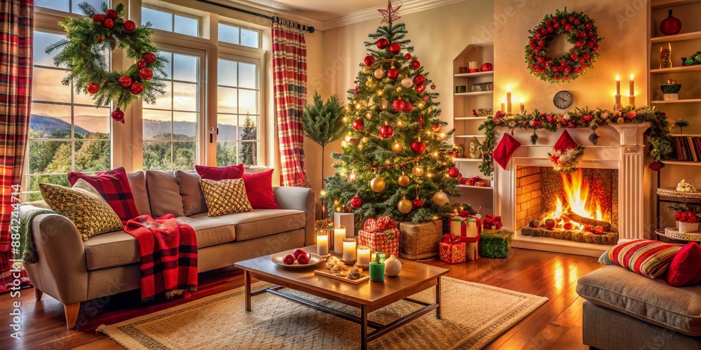 Obraz premium Cozy living room decorated for Christmas, with gifts, ornaments, and festive decorations, evoking warmth and joy of a Latino family's holiday morning celebration.