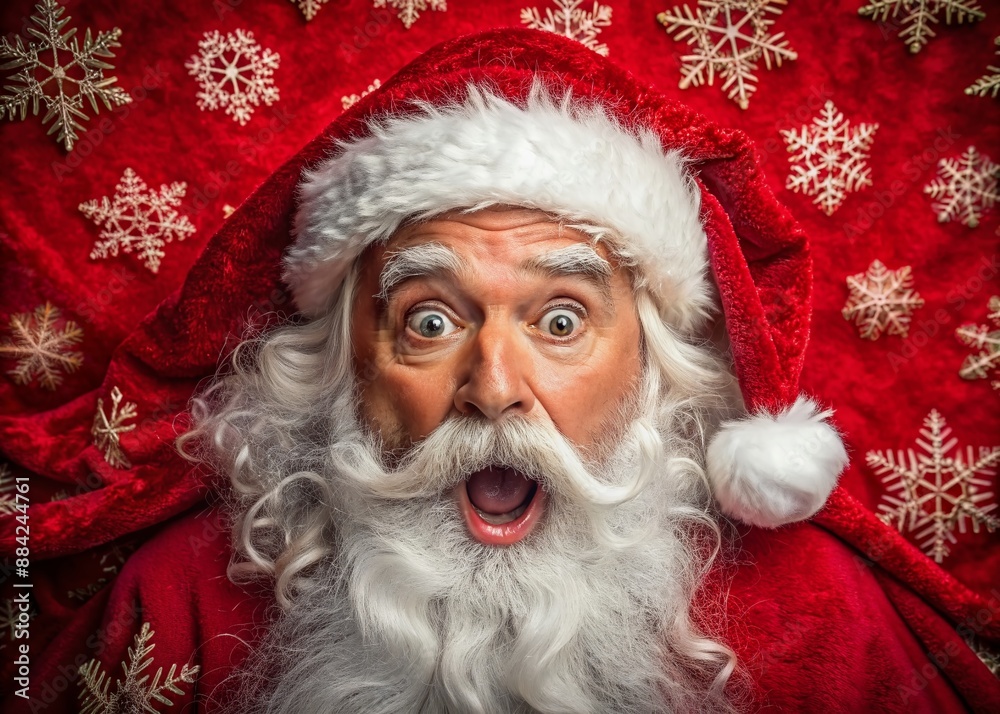 Jolly old saint's astonished face emblazoned on vibrant red fabric, surrounded by snowy white fur trim, perfect for adding festive holiday messages or headlines. Jolly old saint's astonished face emblazoned on vibrant red fabric, surrounded by snowy white fur trim, perfect for adding festive holiday messages or headlines.