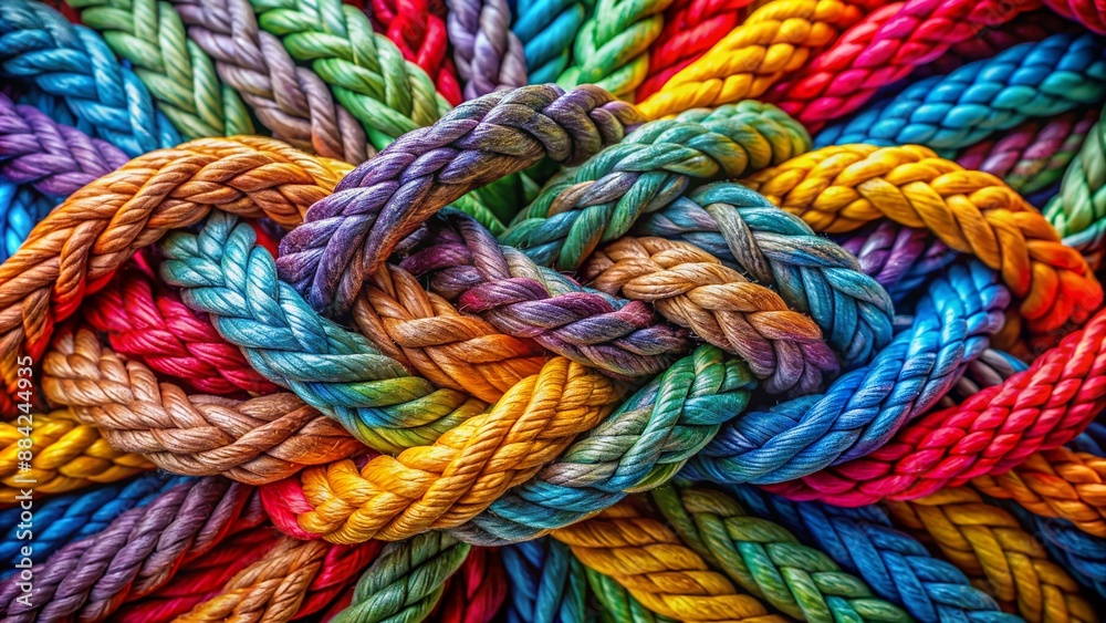 Vibrant ropes of diverse colors and textures intertwined in a complex knot, symbolizing unity, cooperation, and strength, conveying a powerful teamwork concept visually. Vibrant ropes of diverse colors and textures intertwined in a complex knot, symbolizing unity, cooperation, and strength, conveying a powerful teamwork concept visually.