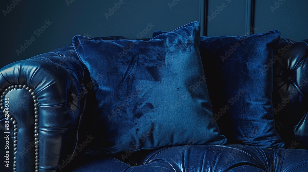A pair of luxurious velvet throw pillows resting on a sleek leather armchair against a backdrop of deep midnight blue, adding a touch of opulence to modern interiors.