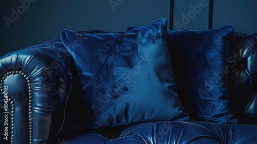 Obraz na płótnie A pair of luxurious velvet throw pillows resting on a sleek leather armchair against a backdrop of deep midnight blue, adding a touch of opulence to modern interiors. w salonie