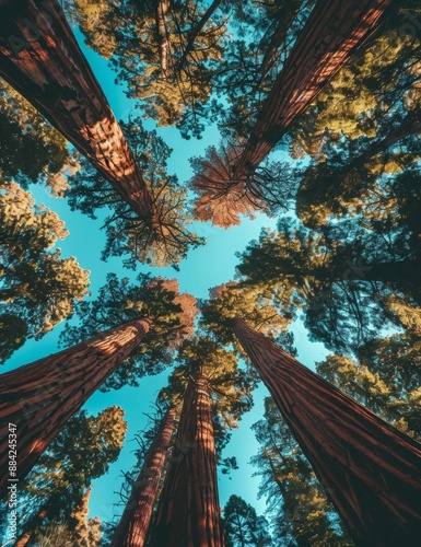 A stunning upward view of majestic redwood trees reaching into the sky, creating a natural cathedral of wonder.